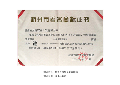 杭州市著名商标证书